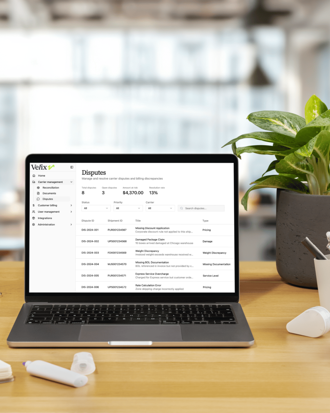 Velix disputes management dashboard showing invoice reconciliation and dispute tracking